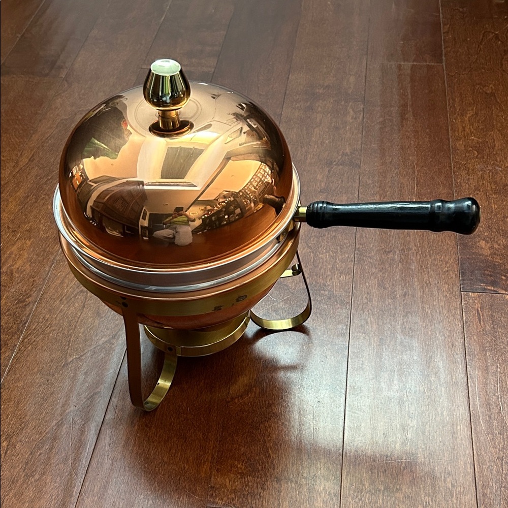 Vintage Copper and Brass Chafing Dish with Black Wooden Handle